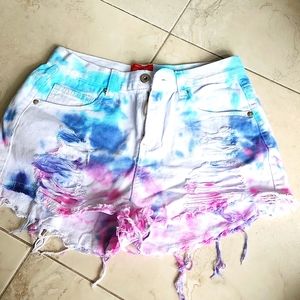 Sihnderella Brand White jean shorts tie dye pink and blue size medium
